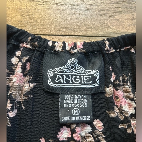 ANGIE Black with pink Floral Cold Shoulder Dress Open Back Bohemian Fall - Picture 9 of 15